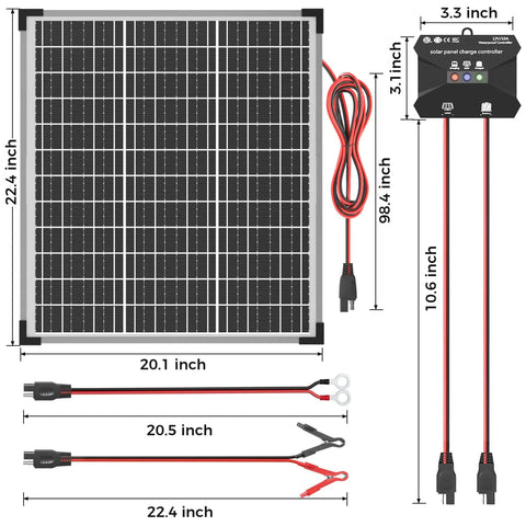50W Solar Panel Kit With 12V Trickle Charger Maintainer And 10A MPPT Charge Controller Plus Adjustable Mount Bracket diagram