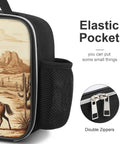 Insulated Lunch Bag With Desert Cactus And Cowboys Riding Horses Design showing elastic pocket and double zippers