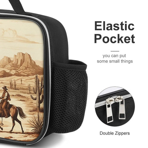 Insulated Lunch Bag With Desert Cactus And Cowboys Riding Horses Design showing elastic pocket and double zippers