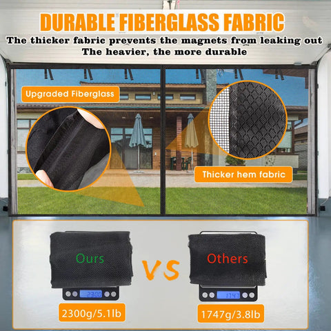 Heavy Duty Magnetic Garage Screen Door 16x7 Ft, durable fiberglass fabric, comparison of weights, focus on material quality