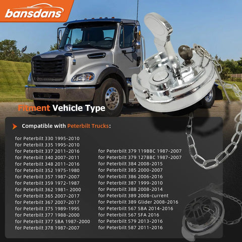 2 Pack 4 Inch Locking Diesel Fuel Cap For Peterbilt Trucks, aluminum lever style with key, shown with safety chain and truck