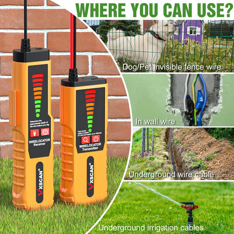 Underground Wire Locator Tracer Kit with Tone Generator Probe & Earphone, Buried Cable Break Finder for Dog Fence, Irrigation & Hidden Wire Detection showing various applications.