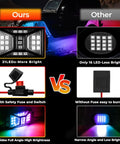Comparison of 21 LEDs with 12 Pods 252 LEDs 5 Sides RGB Rock Lights with App and 2 Remote Control for trucks versus other lights
