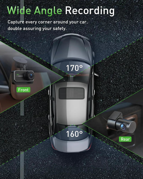 Overhead view showcasing 4K Front And Rear Dash Cam With WiFi And App Control For Cars, featuring 170° front and 160° rear angles.