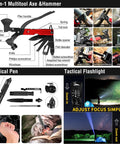 14-in-1 multitool axe and hammer with tactical pen and flashlight, part of 190 Piece Survival Gear And Medical Kit For Outdoor Adventures Camping Hiking And Vehicle Ready Emergency EMT IFAK MOLLE Pouch With Shovel Axe Hammer Knife Flashlight Paracord Compass Scissors Raincoat And Blanket.