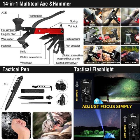 14-in-1 multitool axe and hammer with tactical pen and flashlight, part of 190 Piece Survival Gear And Medical Kit For Outdoor Adventures Camping Hiking And Vehicle Ready Emergency EMT IFAK MOLLE Pouch With Shovel Axe Hammer Knife Flashlight Paracord Compass Scissors Raincoat And Blanket.
