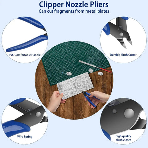 23 Piece Metal Puzzle Tool Kit For Model Building with pliers, cutting metal, and detailed components on a desk