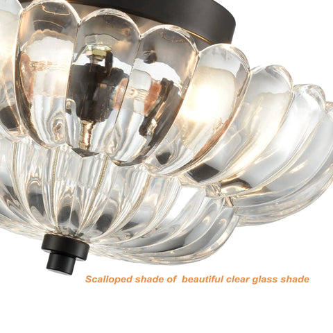 Modern Black Ceiling Light With Scalloped Clear Glass Shade Semi Flush Mount Fixture showcasing detailed glass scallops
