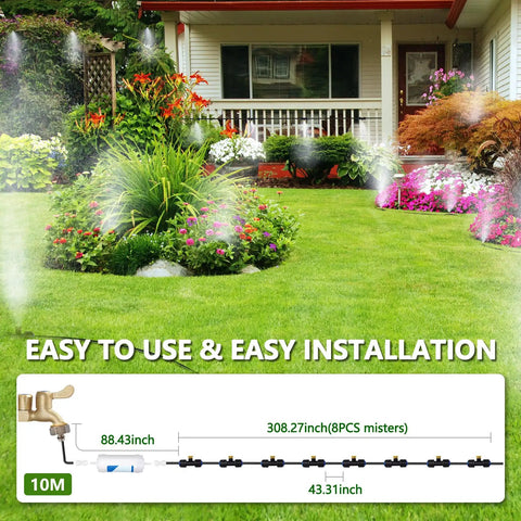 Outdoor Patio Misting System With Water Filter For Cool Down 33 Feet Line Nine Brass Nozzles Brass Adapter For Three Quarter Inch Fittings Perfect For Backyard Greenhouse Porch Garden BBQ Party Pool, installation diagram and garden view