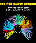 100 Piece Bulk Glow Stick Party Stack Featuring 8 Inch Neon Light Up Necklaces arranged in a colorful display against a black background.