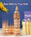 3D Wooden Puzzle Of Big Ben For Adults A Hands On Model Kit That Brings London Landmarks To Life Totally Epic Gift For Puzzle Nerds 14 Plus Hobby Builders wooden Big Ben model kit on display beside gift box