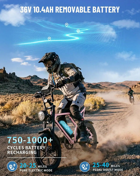 Adult Electric Bike With 1000W Brushless Motor 20Mph Peak pulls up a dusty trail showcasing its 36V removable battery.