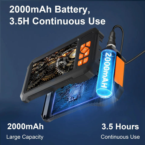 49.2 Ft Semi-Rigid Endoscope Camera with Light showing 2000mAh battery and 3.5 hours use.