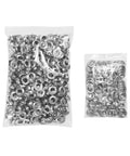 Front view: two bags of silver metal grommets and washers, 3/8 in (10 mm) size.