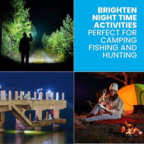 Person using TacLight Bright LED Flashlight With Zoom 5 Modes in forest for camping and outdoor activities at night.