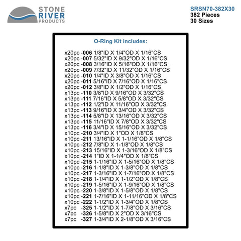 Square Ring Kit 382 Piece Assortment With 30 AS568 Sizes NBR 70A Buna N Square Cut Seals contents list on image
