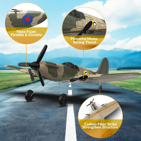 Spitfire RC Plane For Beginners, 3 Channel Remote Control, 2.4GHz RTF Easy To Fly Fighter Model With 6 Axis Gyro, Foam Airplane shown on runway with highlights