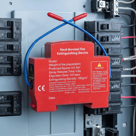 Automatic Vehicle Fire Extinguisher Set For Cars Trucks And Rvs Featuring Smart Temperature Activation mounted on a circuit panel.