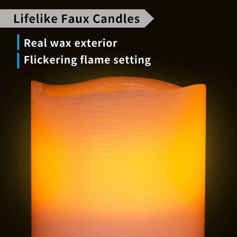 Close-up of LED Flameless Candles With Remote Battery Operated 8 Pack Real Wax Look Pillar Candles showing lifelike wax detail.