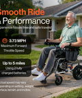 Side view of GoRide 2 Plus electric wheelchair with foldable silver frame and dual motors.