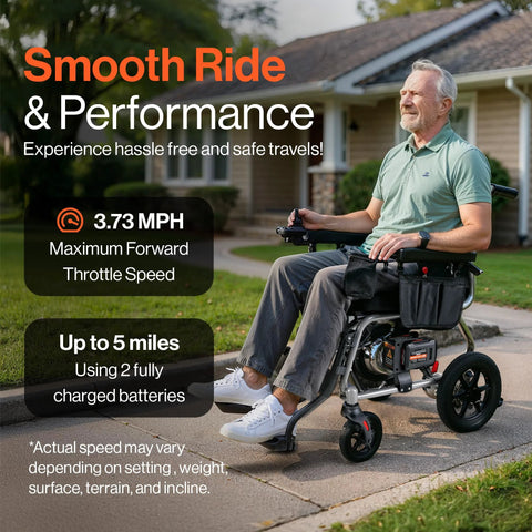 Side view of GoRide 2 Plus electric wheelchair with foldable silver frame and dual motors.