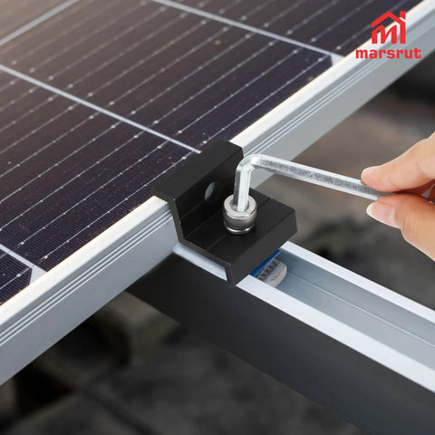 10 Piece Tough As Nails Solar Panel Clamps Black Aluminum End Brackets For 30 Millimeter Unistrut Rails Heavy Duty Mounting shown in installation.