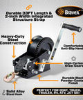 Beefy Heavy Duty Boat Trailer Hand Winch 3500 Lbs With 33 Ft Strap For Lifting And Towing Boats Carbon Steel Build Easy Crank Action Marine Grade Toughness For Dock And Trailer, black steel hand winch with strap and hook