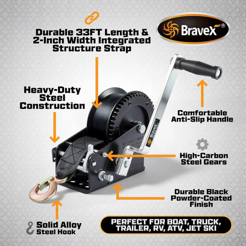 Beefy Heavy Duty Boat Trailer Hand Winch 3500 Lbs With 33 Ft Strap For Lifting And Towing Boats Carbon Steel Build Easy Crank Action Marine Grade Toughness For Dock And Trailer, black steel hand winch with strap and hook