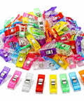 Super Handy 100 Pack Sewing Clips for Quilting and Binding, colorful plastic clips with metal spring arranged in a pile.
