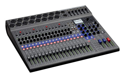 LiveTrak L-20 Mixer And Multitrack Recorder For Musicians With 20 Inputs And 22 Tracks At 24-Bit 96kHz, angled top view.