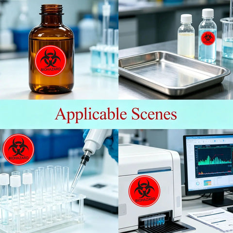 Top Notch 2 Inch Biohazard Warning Stickers With No Sweat Waterproof Coating and Ultra Conspicuous Vinyl Material for lab equipment.