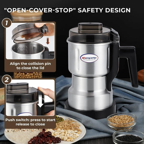 Electric Coffee And Spice Grinder Mini Mill 250W displayed with safety design instructions.