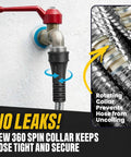 Bionic Steel metal garden hose with sprayer nozzle attached to outdoor faucet; 50 ft, 5/8 in, black rotating collar.