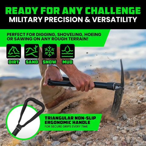 Person using Folding Survival Shovel With Pick And Hoe 3 In 1 Tough As Nails Heavy Duty Carbon Steel Entrenching Tool on dirt