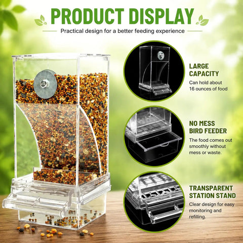 No Sweat Bird Feeder And Water Dispenser Duo For Small Parrots Two Pack transparent acrylic feeder with seeds visible.