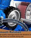 Tough 6X2 Inch Serrated Rubber Contact Wheel For Belt Grinder Machine With 6202 Bearing, showing smooth rotation in use.