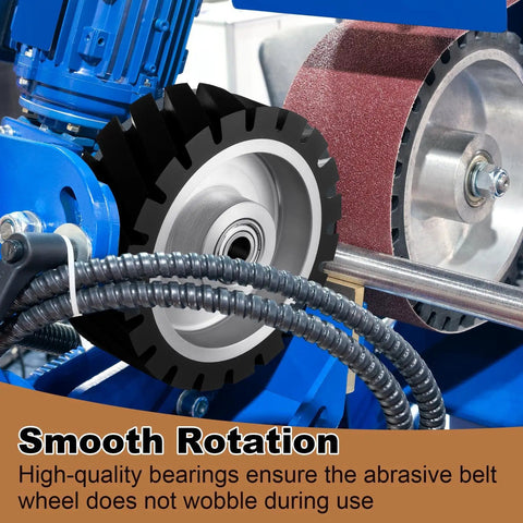 Tough 6X2 Inch Serrated Rubber Contact Wheel For Belt Grinder Machine With 6202 Bearing, showing smooth rotation in use.