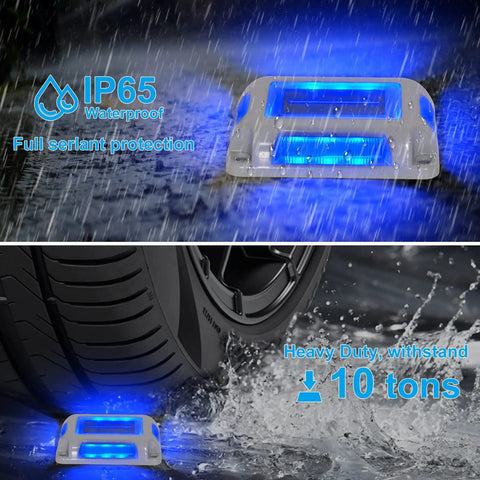 Eight Pack Solar Dock Lights For Driveways And Pathways, Waterproof Outdoor LED Aluminum Step Lights, Blue, under rainfall, IP65