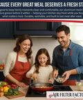 Family cooking in kitchen with Compatible Replacement For Broan Nutone S99010430-002 Aluminum Mesh Grease Filter Set visible.