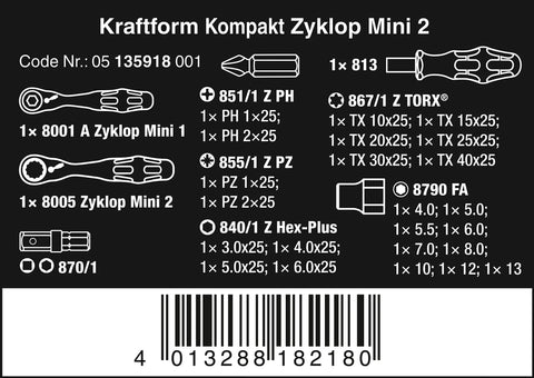 Image showing Kraftform Kompakt Zyklop Mini 27 Piece Ratchet Set Built For Tight Spaces With Drop Forged Full Steel Construction Direct Insertion Sockets Bit Holder 9 Sockets 14 Bits And 1 Adapter product details.
