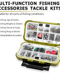 Open tackle box displaying the All In One Fishing Accessories Kit 255 Piece Set with compartments filled with hooks, jig heads, sinkers, and bobbers.