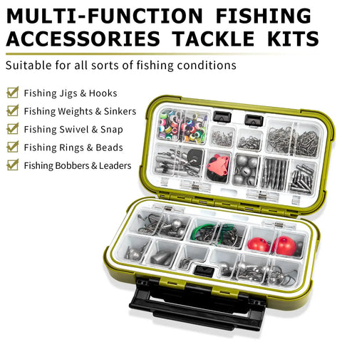 Open tackle box displaying the All In One Fishing Accessories Kit 255 Piece Set with compartments filled with hooks, jig heads, sinkers, and bobbers.