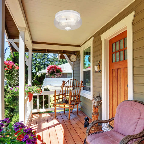 Porch with Seeded Glass Flush Mount Ceiling Light Fixture With 2 Light Sockets For Indoor Outdoor Use White Finish Modern Round Ceiling Lamp
