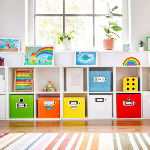 Storage units with colored boxes labeled with Black And White Pencil Name Tag Stickers Set 250 Pieces For Back To School Classroom Bulletin Boards Desk Wall Labels Easy To Write On Student Name Tags For Party Decor