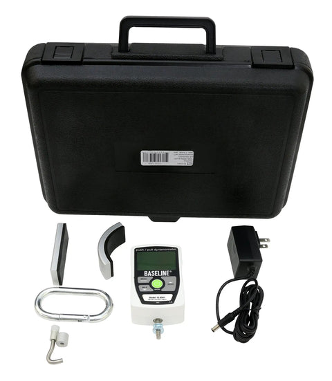 Electronic Push Pull Dynamometer Pro Grade Beast With 3 Push And 2 Pull Attachments, 100 Lb Capacity, Load Cell Tech, Reads Pounds Kilograms Or Newtons, Latex Free, USA Made, Compatible With Single And Dual Grip Testing Handles. Case and accessories shown