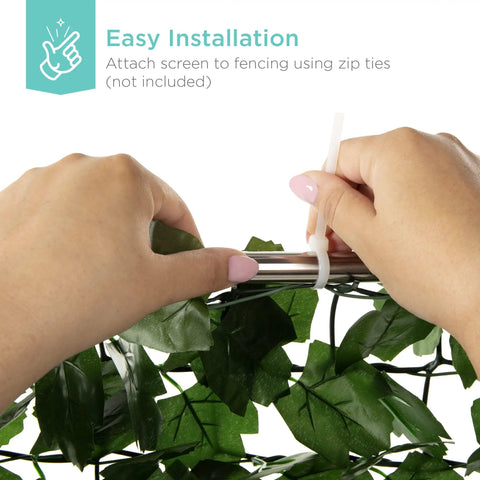 94x39 Faux Ivy Privacy Fence Screen With Realistic Greenery being installed using zip ties on a metal fence