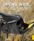 Aero Wedge Saddle Pack With Quick Clip Strap Mount for Bikes, Medium, weatherproof black Cordura, large opening for gear on bike.