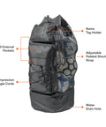 Heavy Duty Large Soccer Mesh Equipment Bag with adjustable shoulder strap, holds dozens of balls, and includes two front pockets.