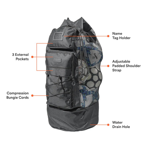 Heavy Duty Large Soccer Mesh Equipment Bag with adjustable shoulder strap, holds dozens of balls, and includes two front pockets.