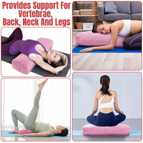 Rectangular Yoga Bolster Pillow For Restorative Yoga And Meditation, plush pink bolster supporting back and legs during yoga